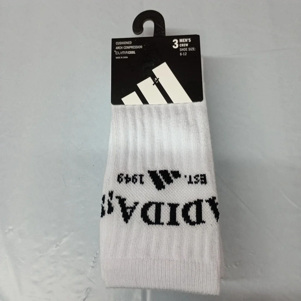 adidas Men's White Cushioned 3-Pack Crew‎ Socks Size 6-12 Arch Compression